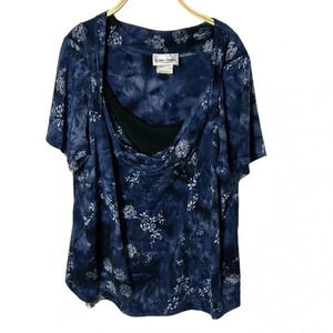 Y2K CLAIRE FRANCE.Blouse,2X blue,floral,glitter,business casual,scoop,twofer